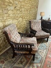 Pair Of Antique Armchairs Oak Upholstered Fireside Gothic Tub Chair Galleried Cl