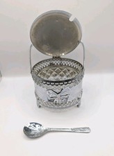 Vintage Round Glass Silver Plate Condiment Jam Jelly Caddy And Spoon