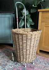 Vintage Wicker & Metal Shopping Trolley Basket Granny By Hadlum 1960s