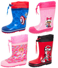 Kids Character Tie Top Wellington Boots Boys Girls Rubber Wellies Snow Rain Shoe