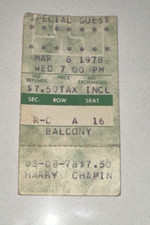 3/8/78 Harry Chapin Vintage Old Concert Music Balcony $7.50 Ticket Stub 1978
