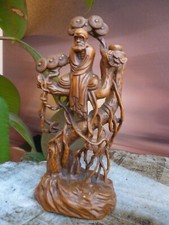 CHINESE BOX WOOD CARVING DAOIST SAGE MEDITATING IN TREE WITH MAGIC FUNGUS