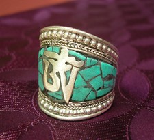 Beautiful Silver Men's Ring From TIBET With Turquoise And Om 19-22Mm Inner Size