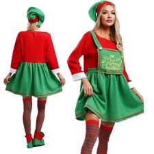UK Womens Christmas Elf Costume Mrs Santa Claus Outfit Dress + Hat + Shoes Set