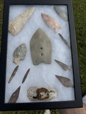 Native American Framed Collection Of Points Arrowheads Drilled Pendants ￼