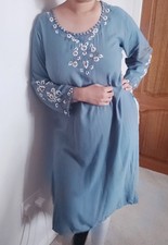 Indian Kurta Women's Large Blue Floral Embroidered Dress Cotton 