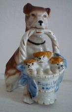 ANTIQUE GERMAN PORCELAIN DOG FAIRING WITH PUPPIES FIGURINE MOTTO FAMILY CARES