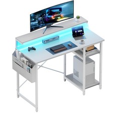 Computer Desk with LED Lights and Monitor Stand, Office Desk with Storage Bag
