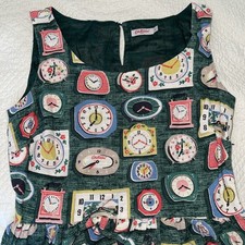 Cath kidston Women’s Clock Dress Green Uk 10 Cotton Bark Fabric Retro Vintage