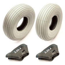 2x Tyre & Inner Tube 3.00-4 Mobility Scooter Grey Line Tread 4Ply Straight Valve