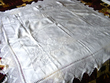 Vintage antique lace table cloth hand crochet edges Irish clover embroidery 48"