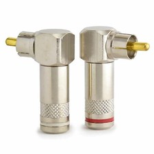 2x Right Angle Solderless Phono Plugs Screw Fit RCA Connectors Red-White