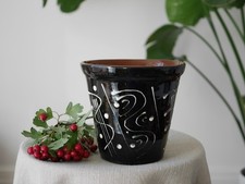 Vintage Black White Glazed Terracotta Planter, Hand Painted Folk Art Pot