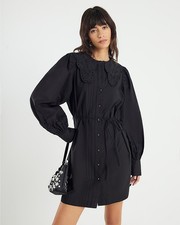 River Island Womens Mini Shirt Dress Black Collared Long Sleeve Pleated Buttons