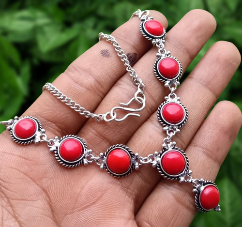 Gift red coral gemstone chain - red,