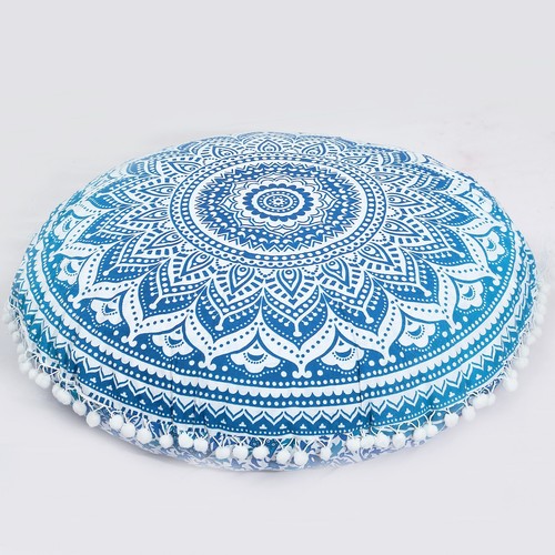 Blue round boho cushion - blue,