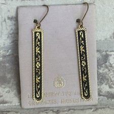 Vintage Damascene Toledo Spain 24  Gold plate Black Enamel Dangle Hook Earrings 