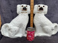 Antique 12" Pair of Genuine Mantel Staffordshire Spaniel White Glass Eye Dogs