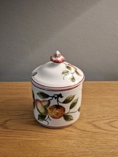 Vintage ceramic condiment jar— sugar bowl or jam pot—decorated in a fruit motif.