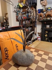 OOAK Brutalist Welded Steel & Nails Metal Flower Sculpture On Stone Base 53cm