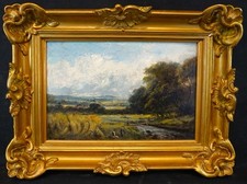 c1880 ENGLISH SCHOOL FIGURES RESTING CORN STOOKS HARVEST ANTIQUE OIL PAINTING