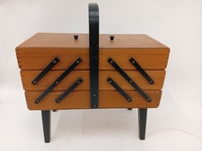 Vintage Wooden Cantilever Sewing Box with Legs and Handle Mid Century 17" W x 14