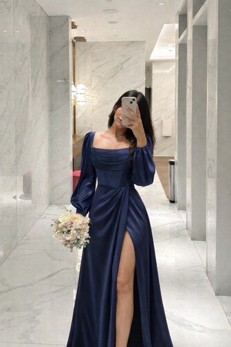 Navy blue satin maxi dress - navy,