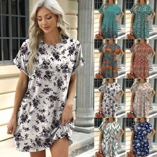 Women's Summer Floral Shirts Mini Dress Loose Holiday Pocket Tops Plus Size 8-22