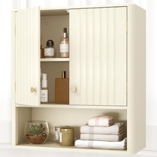 Modern Double Door Medicine Cabinet w/Open Shelf-Beige