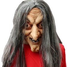 Latex Mask Scary Horror Cosplay Costume Old Woman Witch Mask with Long Halloween