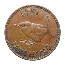 1951 UK Farthing George VI Bronze Wren Coin KM#874 Vintage Collectible Z3301