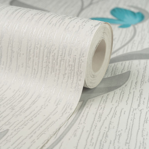 Silver teal floral - silver, wallpaper
