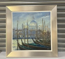 Beautiful Original Oil on Board – Venetian Gondolas at Dusk – Signed A.W
