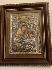 Antique Russian Orthodox Icon of Mother And Child Gold Plate Metal On Board