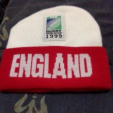nwot ENGLAND RUGBY WORLD CUP 1999 Comfy Red White BEANIE HAT VGC