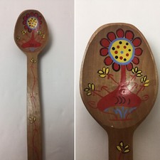 Large Wooden Spoon Red Yellow Blue Painted Design Rustic Colourful Kitchenalia