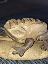 Hand Crafted Sculpture Wood Rasp Frog Sitting On Leaf Figurine 7” Vintage