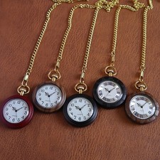 Vintage Antique Natural Wood Quartz Pocket Watches with Chain Women Mens Gifts