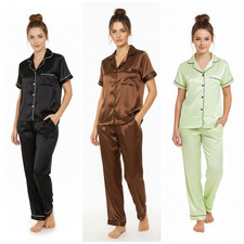 Women Satin Pyjamas Nightwear PJs Set Ladies Silk Short Sleeve Button Sleepwear