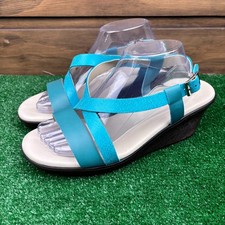 SAS Delight Women’s US 10.5M Turquoise Web Leather Crisscross Strap Wedge Sandal
