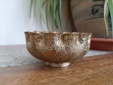 Vintage Brass Bowl Engraved Winged Birds Fluted Rim India