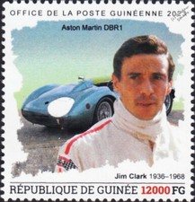 JIM CLARK & ASTON MARTIN DBR1 Sports Racing/Race Car Driver Stamp (2023 Guinea)