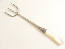 Good Silver 3 Prong PICKLE / OLIVE FORK. MOP Handle. Hallmarked Chester 1910