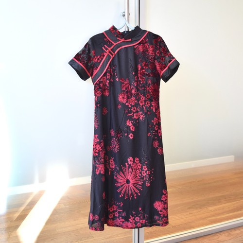 Black red flora qipao line - black,