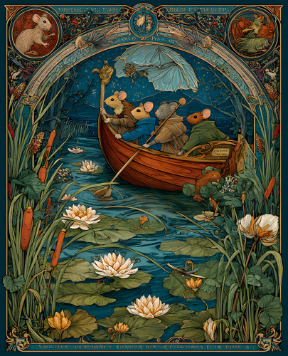 Three storybook mice rowing - storybook,