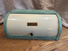 Vintage enamel roll top bread bin green and cream. Mid century? Kitchenalia Prop