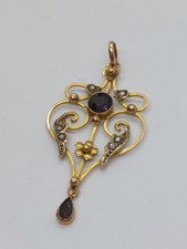 Antique Victorian 9ct Yellow Gold Amethyst & Seed Pearl Pendant (2.56g)