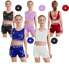 Kids Girls 3 Pieces Gymnastics Dance Outfits Crop Top with Shorts Set Tracksuit