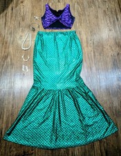 Mermaid Costume Purple Crop Top Green Fishtail Skirt Jewellery Ladies size 10-14