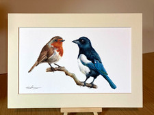 Magpie and robin a4 mounted